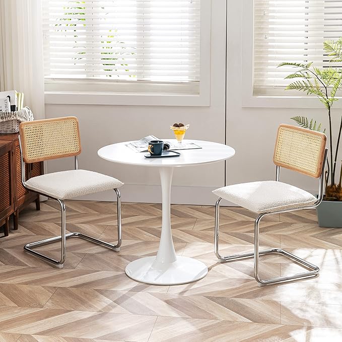 Mid Century Modern Rattan Dining Chairs Set of 2, Boucle Kitchen Chairs with Handwoven Mesh Rattan Backrest and Metal Legs, Upholstered Accent Side Chairs, White-Ruum Studio Home
