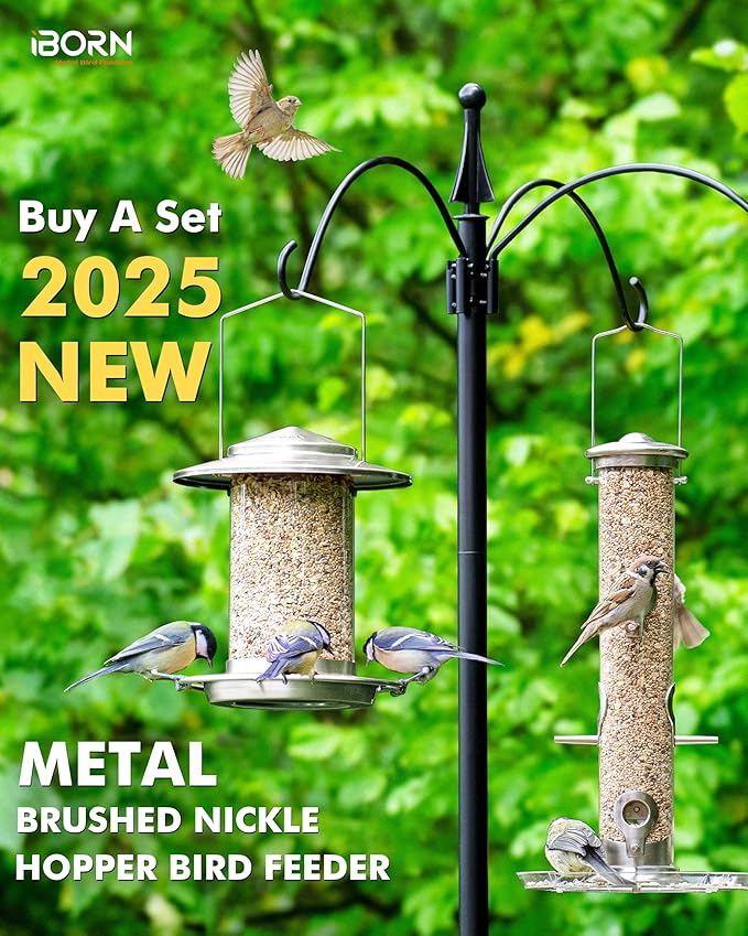 iBorn Metal Bird Feeders for Outdoors,Easy Clean Bird Seed Feeder,Hanging Bird Feeder for Seeds with Gift Box,3-Second Refill Bird Feeder,Nickle 6 Port (Seed is not Included)-Ruum Studio Home
