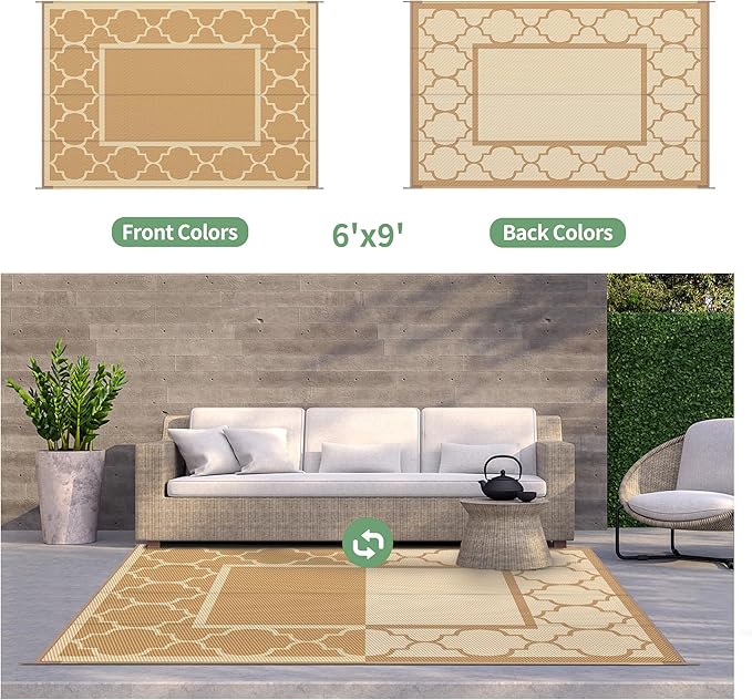 GENIMO 6' x 9' Outdoor Rug Waterproof for Patio Decor, Foldable Reversible Plastic Straw Area Rugs Mat for Camper, Outside Carpet for Rv, Deck, Porch, Picnic, Beach, Balcony, Brown & Beige-Ruum Studio Home