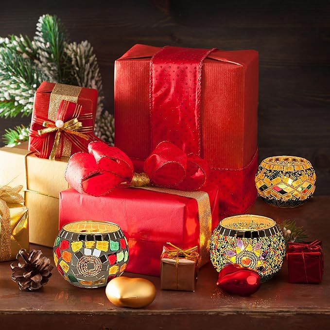 SHMILMH Glass Candle Holder Set of 4, Diwali Gift Votive Candle Holders Handmade Mosaic Glass Tealight Holders Diwali Christmas Table Decorations for Home-Ruum Studio Home