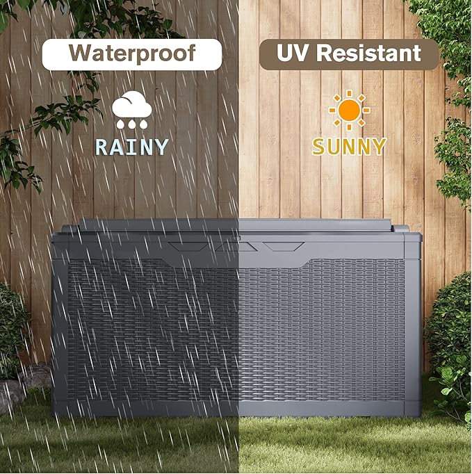 JUMMICO 100 Gallon Resin Deck Box with Cushion, Waterproof Outdoor Storage Box with Lockable Lid for Garden Tools, Patio Cushions (Gray)-Ruum Studio Home