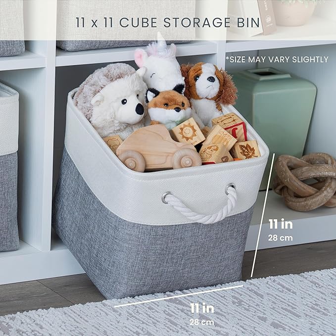 OrganiHaus 11x11 Cube Storage Bins 4 Pack, Foldable Cube Storage Organizer w/ Rope Handles, Collapsible Fabric Bins for Toys, Clothes & Closet Organization, Fabric Square Baskets - Beige/White-Ruum Studio Home