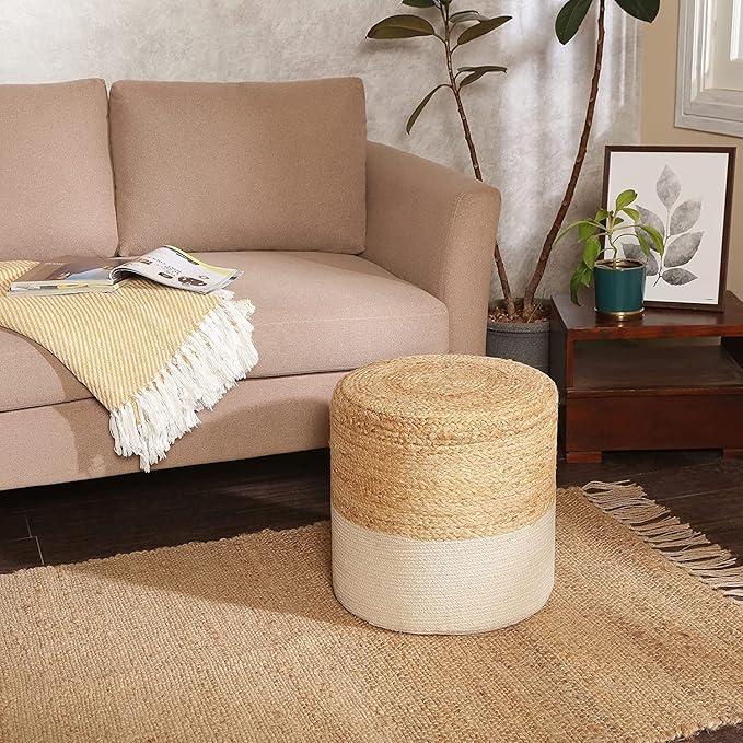REDEARTH · Cylindrical Pouf Foot Stool Ottoman - Jute Braided Accent Sitting Footrest for The Living Room, Bedroom, Nursery, Patio, Lounge Set of 2 (14.5”x14.5”x16”; Natural Ivory)-Ruum Studio Home