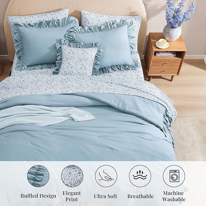 Full Comforter Set - 7 Pieces Ruffle Blue Bedding Sets, Shabby Chic Farmhouse Bed in a Bag Full with Ruffle Comforter, Floral Sheets, Pillowcases & Shams-Ruum Studio Home