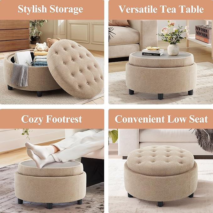 COLAMY Fabric Round Storage Ottoman with Reversible Tray Lid – Multi-Functional Footrest, Hidden Storage, Sturdy & Stylish Small Coffee Table for Living Room, Bedroom, or Entryway(Camel)-Ruum Studio Home