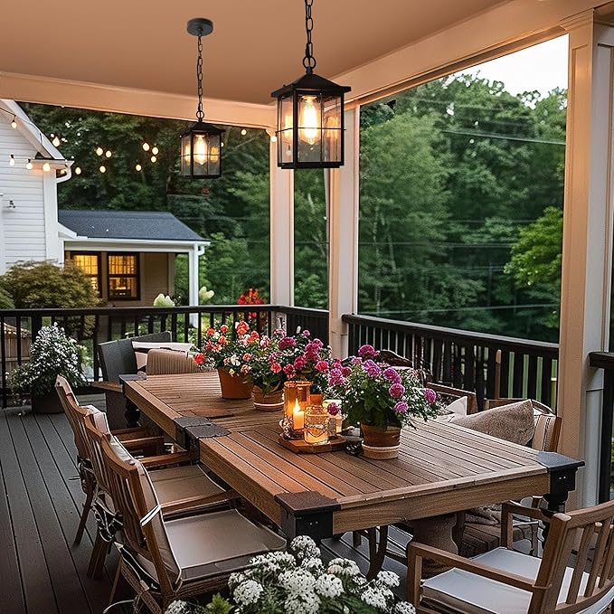LOG BARN Outdoor Pendant Light Fixture, Farmhouse Exterior Lights, Anti-Rust Ceiling Outdoor Light with Seeded Glass, Lantern Hanging Light for Front Door, Entry, Porch, and Gazebo-Ruum Studio Home