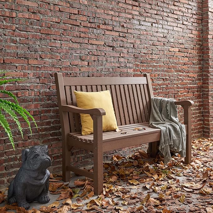 Psilvam Garden Bench, 2-Person Poly Lumber Patio Bench, All-Weather Outdoor Bench That Never Rot and Fade, Suit for Garden, Porch and Park(Brown)-Ruum Studio Home