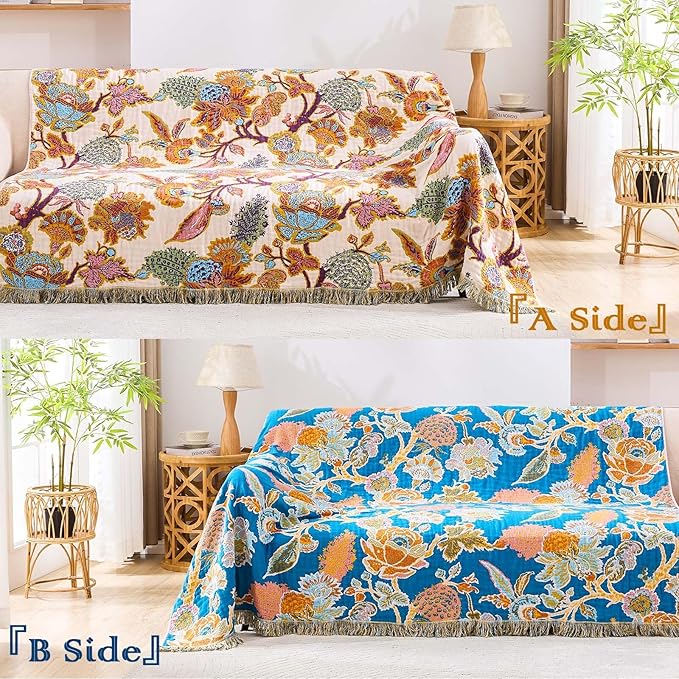 Boho Throw Blanket for Bed, 100% Cotton Soft Rustic Quilt Fall Blanket, 90"x98" Floral Printed Farmhouse Decor Bed Blankets, All Season Rustic Reversible Bohemian Throw Quilt-Ruum Studio Home