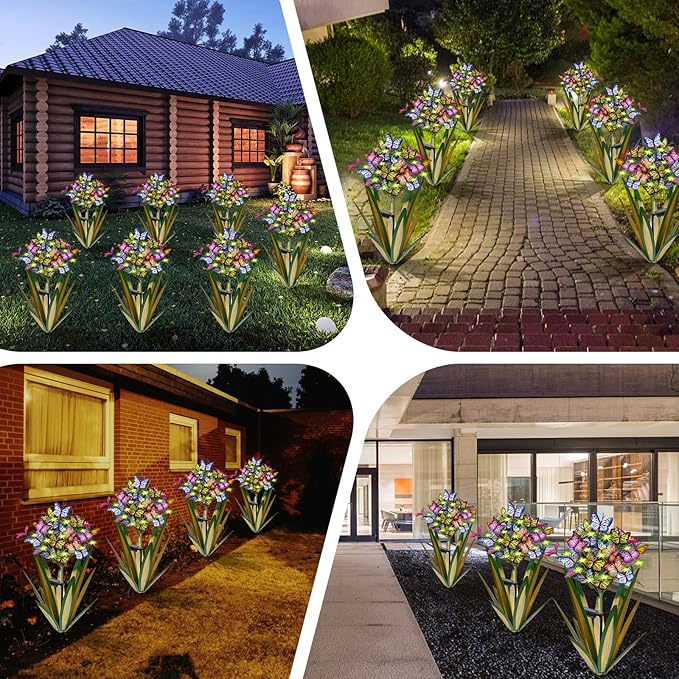 Solar Metal Agave Butterfly Flower Stick Garden Sculpture - Outdoor Christmas Lights With Swaying Butterfly - Solar Powered Gift (2 PCS Light Green)-Ruum Studio Home