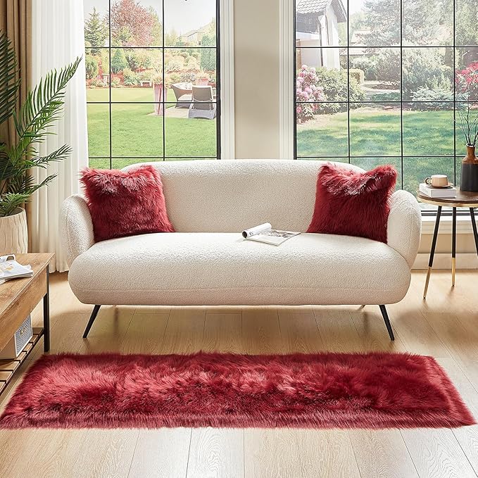 AMTOVO Faux Fur Rug, Burgundy Ultra Soft Fluffy Shag Sheepskin Rug, 2 x 6 ft Runner Area Rugs for Bedroom Sofa Throw Cushion Room Decor, Rectangle-Ruum Studio Home