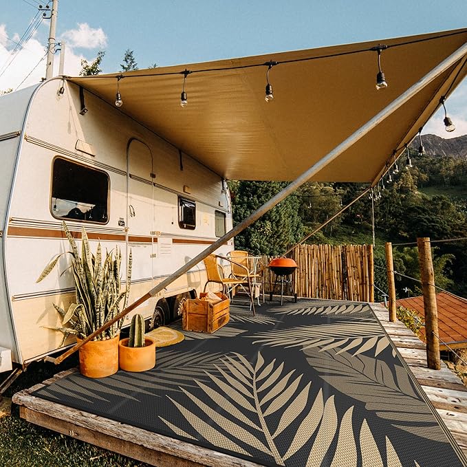 GENIMO Outdoor Rug 10' x 20' Waterproof for Patios Clearance, Reversible Outdoor Plastic Straw Camping Rug Carpet, Large Area Rugs Mats for RV, Camper, Deck, Balcony, Porch, Beach, Picnic, Black&Brown-Ruum Studio Home