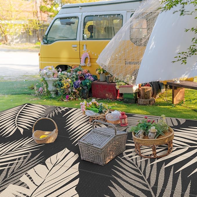 GENIMO Outdoor Rug 10' x 14' Waterproof for Patios Clearance, Reversible Outdoor Plastic Straw Camping Rug Carpet, Large Area Rugs Mats for RV, Camper, Deck, Balcony, Porch, Beach, Picnic, Black&Beige-Ruum Studio Home