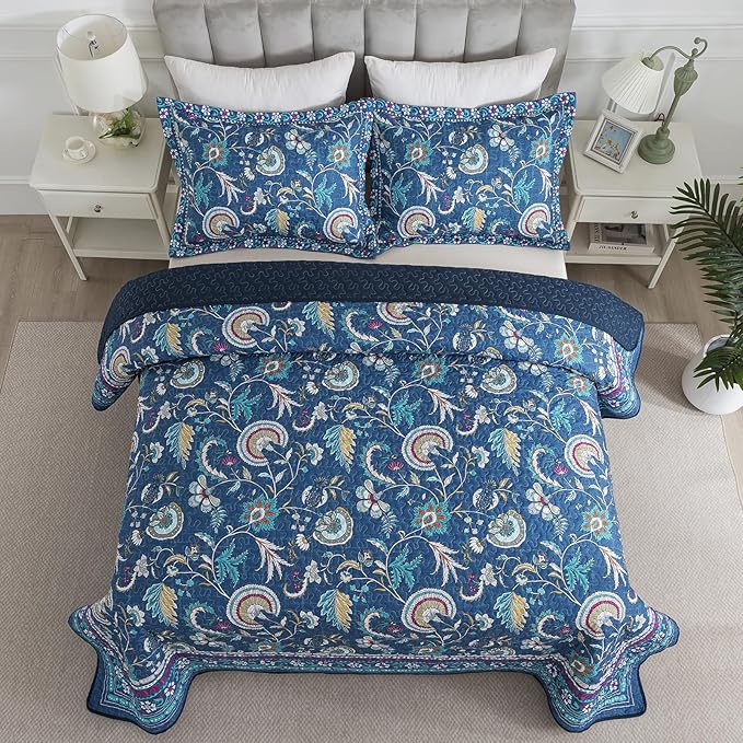 NEWLAKE Quilt Set Queen Size, Bedspread Sets Blue Botanical Floral Patterns, Reversible Quilt Bedding Set Lightweight and Breathable for All Seasons, Soft Quilted Bedspread with 2 Pillow Shams-Ruum Studio Home