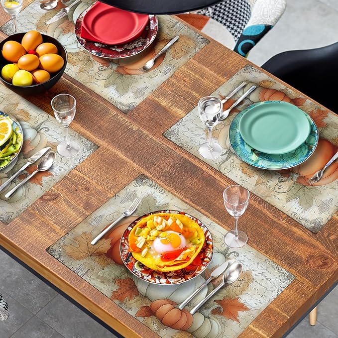 Fall Pumpkin Placemats Set of 4 Vintage Autumn Maple Leaf Seasonal Place Mats 12x18 Inch Thanksgiving Farmhouse Linen Fabric Table Mats for Party Kitchen Dining Outdoor Indoor Decor-Ruum Studio Home