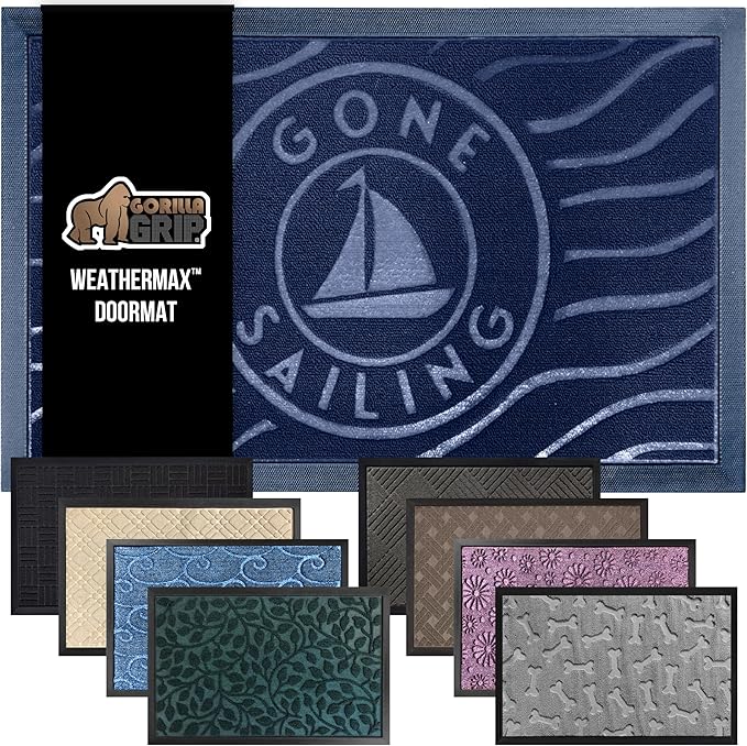 GORILLA GRIP 100% Waterproof All-Season WeatherMax Doormat 35x23, US Designed Natural Rubber, Stain and Fade Resistant, Low Profile Indoor Outdoor Door Mats, Easy Clean Patio Mat, Blue Sailing-Ruum Studio Home
