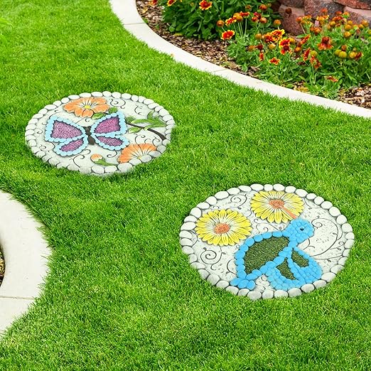 Garden Stepping Stones Set of 2 Butterfly Outdoor Garden Decor 10 inch Round Decorative Stones Pavers for Garden Walkway Landscaping, Hummingbird Gifts (N6-YYD334)-Ruum Studio Home