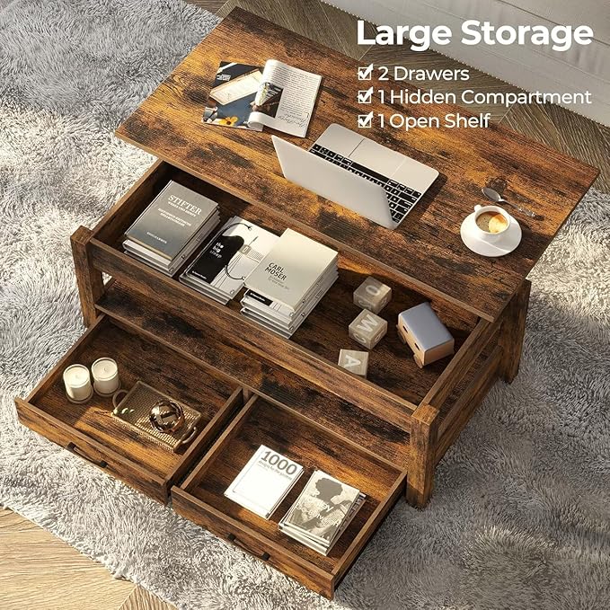 Rolanstar Coffee Table, Lift Top Coffee Table with Drawers and Hidden Compartment, Retro Central Table with Wooden Lift Tabletop, for Living Room,Rustic Brown-Ruum Studio Home