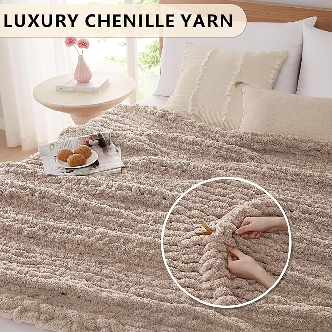 L'AGRATY Chunky Knit Blanket Throw: 72''x84'' Chenille Chunky Knitted Throw Blankets for Bed Couch - Handmade Thick Big Cable Knit Blanket - Large Crochet Rope Blankets for Home Decor(Light Taupe)-Ruum Studio Home