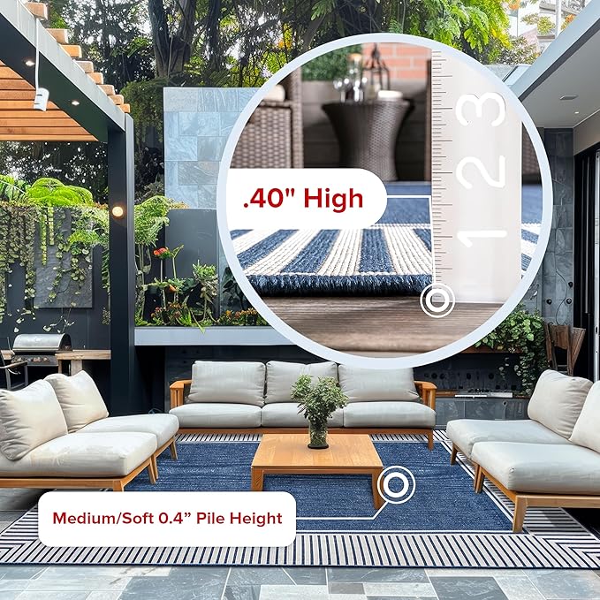 nuLOOM 6' 7" x 9' Outdoor Area Rug, Casual Design With Striped Border, Stain Resistant, Highly Durable, For Patio, Balcony, Bedroom, Living Room, Dining Room, Bathroom, Navy-Ruum Studio Home