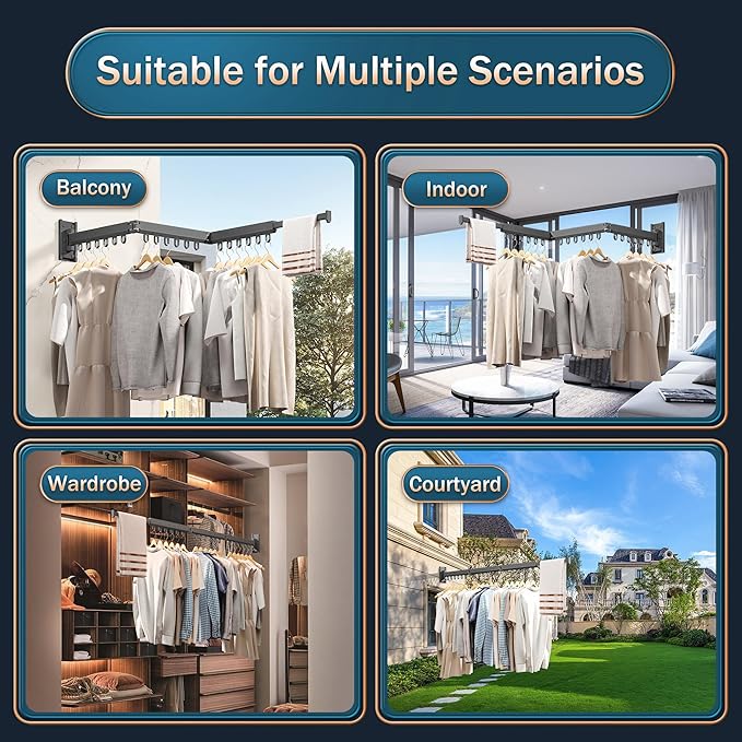 Grey Color Laundry Rack - Wall Mounted, Collapsible Clothes Drying Rack With Loop-type Hooks-Ruum Studio Home