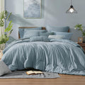 Monbix Queen Comforter Set - 7 Pieces Dusty Blue Cationic Dyeing Bed in a Bag Queen Bedding Sets with Sheets, Pillowcases & Shams, Reversible Bedding Comforters-Ruum Studio Home