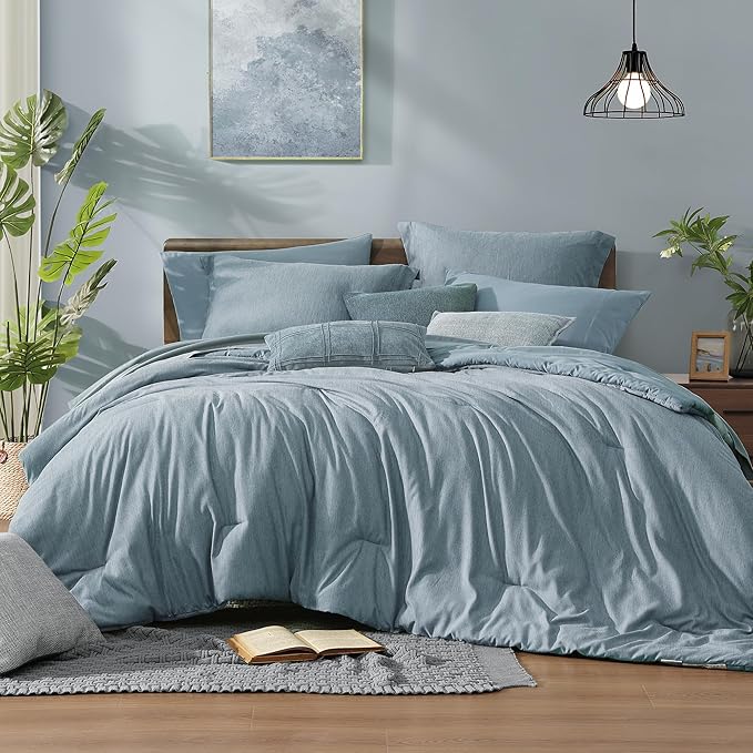 Monbix Queen Comforter Set - 7 Pieces Dusty Blue Cationic Dyeing Bed in a Bag Queen Bedding Sets with Sheets, Pillowcases & Shams, Reversible Bedding Comforters-Ruum Studio Home