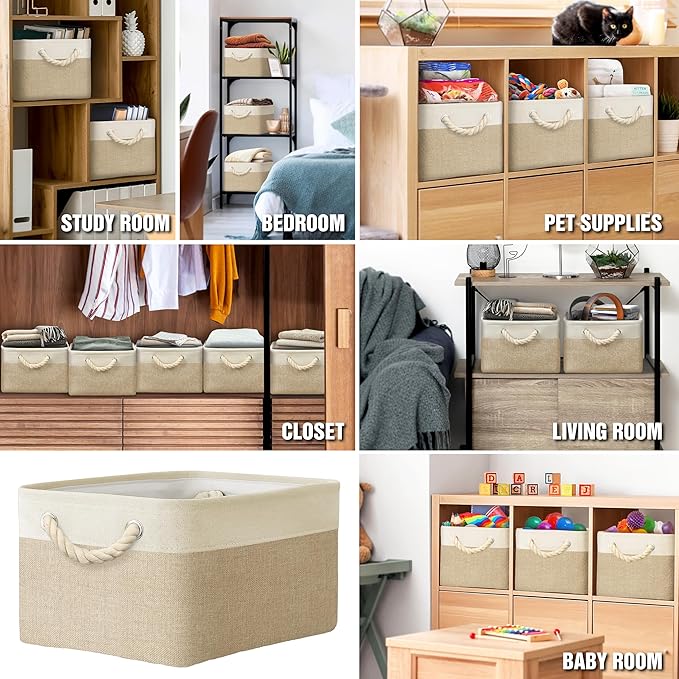SIMPLE HOUSEWARE Large Fabric Storage Bin, 15.7" x 12" with Braided Handles, 3 Pack, Beige-Ruum Studio Home
