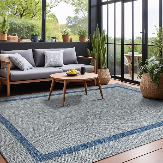 Bordered Outdoor Rug 6x9 Washable Outside Carpet for Indoor Patio Porch Waterproof Easy Cleaning Non Shedding Area Rugs Silver Gray - Blue 6 x 9-Ruum Studio Home