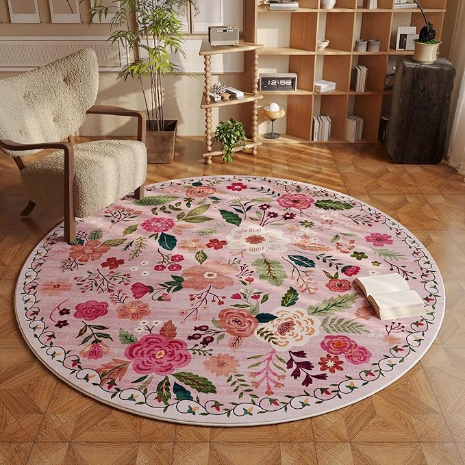 Round Rug 6ft Washable Circle Rug Non Slip Low Pile Boho Floral Small Circular Rug for Bedroom, Bathroom, Entryway, Kids Room, Office, College Dorm(Pink)-Ruum Studio Home
