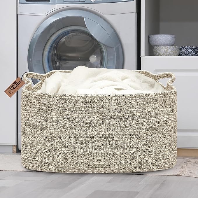 COMFY-HOMI Large Rectangular Blanket Basket, Woven Cotton Rope Baskets for Storage, Laundry Hamper Basket, Storage Bin,Toy Organizing Bin with Handle, Organization and Storage-22x15x12”-Brown-Ruum Studio Home
