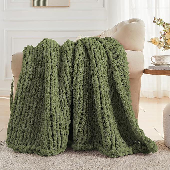 Carriediosa Chunky Knit Throw Blanket 60" X 80" Twin, 100% Hand Made Large Chenille Loop Yarn Soft Fluffy Throws for Couch Sofa Bed, Big Crochet Cozy Heavy Thick Cable Woven Blankets, Olive Green-Ruum Studio Home