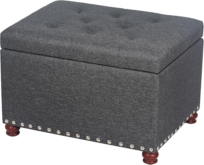 Joveco Storage Ottoman Linen Tufted Bench with Rivet, Rectangular Footrest Stool Coffee Table Seat for Living Room Bedroom, Grey-Ruum Studio Home