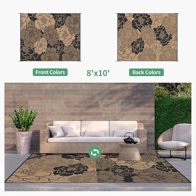 GENIMO Outdoor Rug Waterproof for Patio Decor, 8' x 10' Reversible Plastic Straw Floral Camping Carpet, Large Area Rugs Mats for RV, Camper, Deck, Balcony, Porch, Beach, Picnic, Mix-Black & Brown-Ruum Studio Home
