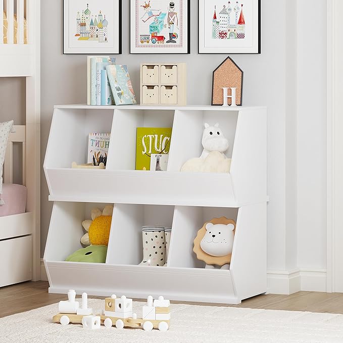 UTEX Toy Storage Organizer for Kids, Stackable Toy Storage Cabinet, Wooden Cubby Toy Organizer, White Toy Shelf for Playroom, Bedroom, Living room, Nursery, 3 Cubes