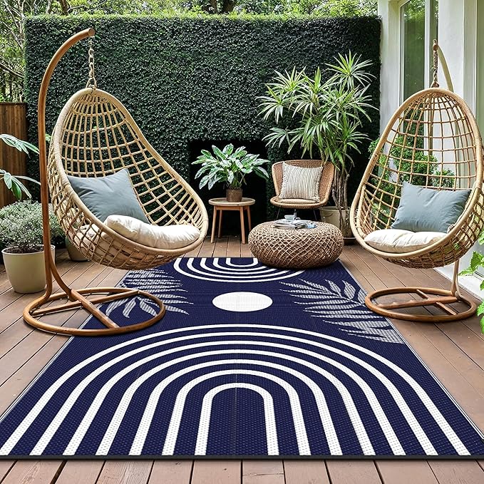 GENIMO Outdoor Rug 6' x 9' Waterproof for Patio Clearance, Reversible Lightweight Plastic Straw Camping Carpet, Large Area Rugs Mats for Rv, Backyard, Deck, Porch, Picnic, Balcony, Mix-Blue & White-Ruum Studio Home