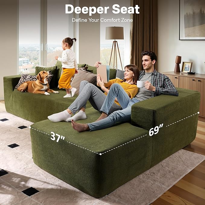 104" Cloud Sectional Couches for Living Room,L Shaped Boneless Couch in A Box,Sleeper Sofa with Comfy Chaise No Assembly Required,Green-Ruum Studio Home