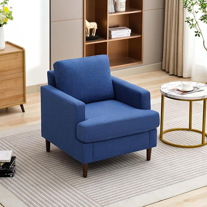 Mid-Century Accent Chair,Modern Linen Fabric Armchair for Living Room,Comfy Upholstered Reading Accent Chairs for Bedroom,Single Sofa Chair with Wood Legs (Blue, 1 Pack)-Ruum Studio Home
