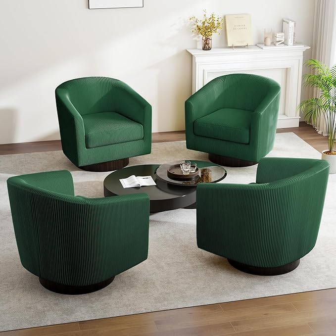 Swivel Barrel Accent Chair, Modern Round Corduroy Fabric Arm Chair for Living Room, Bedroom, Comfy Club Reading Chairs for Adults (Corduroy Dark Green, Set of 2)-Ruum Studio Home