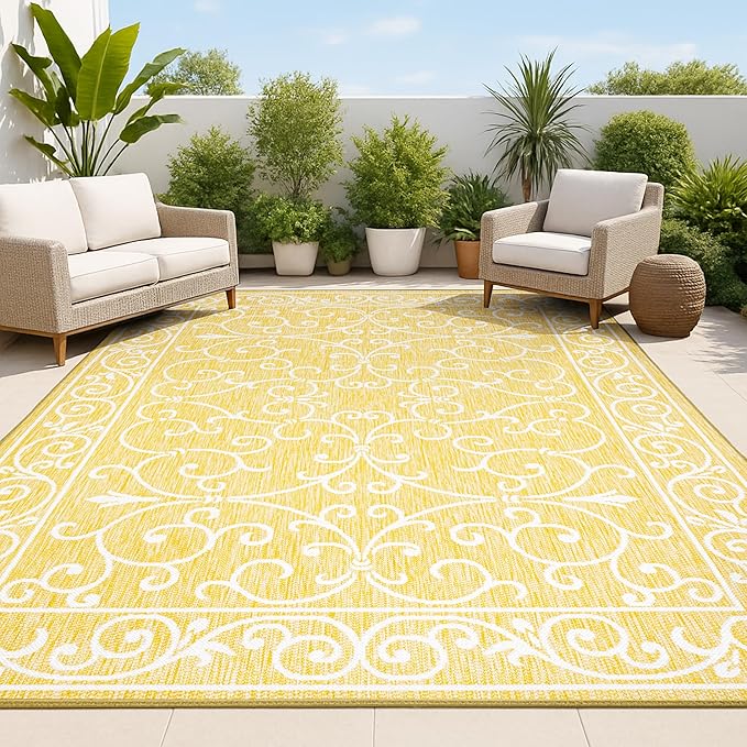 JONATHAN Y Vintage Filigree Indoor Outdoor Area Rug 8X10 Yellow/Cream, Charleston Textured Weave for Backyard, Patio, Porch, Easy-Cleaning, High Traffic, Pet-Friendly, Non-Shedding (SMB106L-8)-Ruum Studio Home
