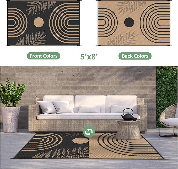 GENIMO Outdoor Rug 5' x 8' Waterproof for Patio Clearance, Reversible Plastic Straw Camping Carpet, Lightweight Rugs Mats for Rv, Backyard, Deck, Porch, Picnic, Balcony, Mix-Black & Brown-Ruum Studio Home