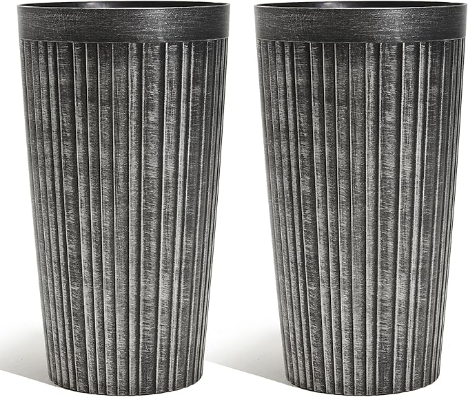Worth Garden 22.5" H. Plastic Planters - Set of 2 Vintage Black Tall Conical Plant Pots for Indoor Outdoor Use - Decorative Lightweight Flower Pots for Front Porch, Patio, Deck - 12.5" Dia x 22.5" H-Ruum Studio Home