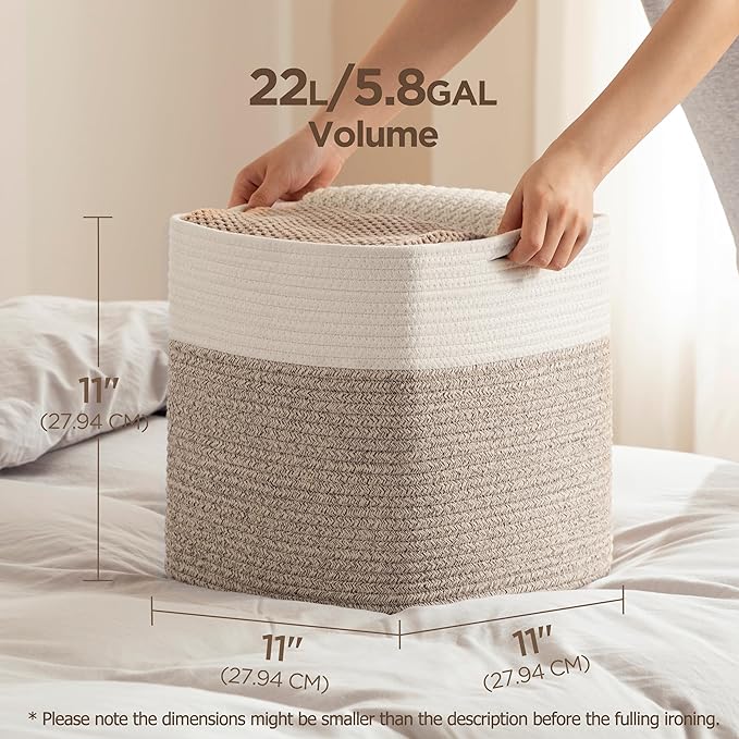 joybest Cube Storage Bins Set of 4, 11inch Cube Baskets Organizer for Nursery, Square Cotton Rope Baskets for Shelves Organizing, Kids Toy, Closet Storage, Brown and Cream White-Ruum Studio Home