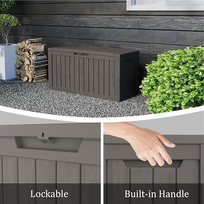 75 Gallon Double-Wall Resin Deck Box - Lockable Waterproof Outdoor Storage Box, 515lbs Capacity & Doubles as Seating for Patio Furniture - Garden Tools, Pool Accessories (Brown)-Ruum Studio Home