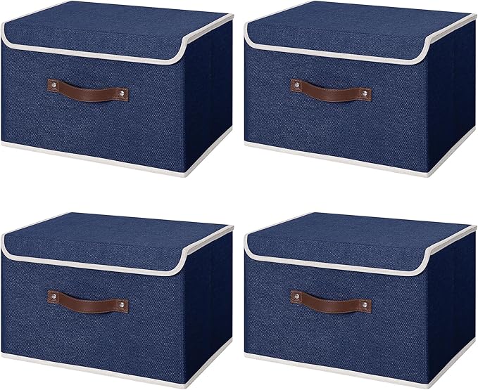 ANMINY 4PCS Storage Bins with Lid PU Leather Handles Storage Boxes PP Plastic Board Decorative Foldable Lidded Cotton Linen Fabric Home Cubes Baskets Closet Organizer Containers - Blue, Large Size-Ruum Studio Home
