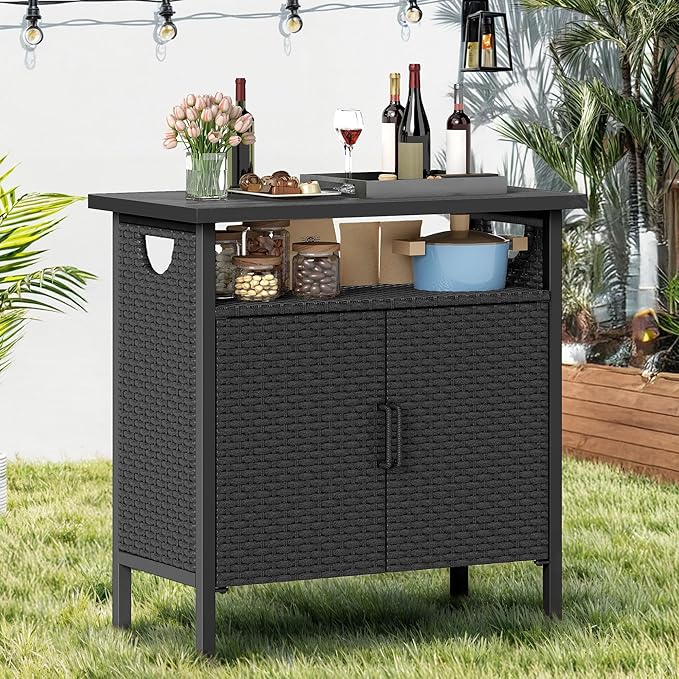 DWVO Patio Storage Cabinet, Outdoor Buffet Cabinet with Two Doors and Shelves, Outdoor Storage Bar Table with PE Rattan for Patio, Backyard, Garden - Black-Ruum Studio Home