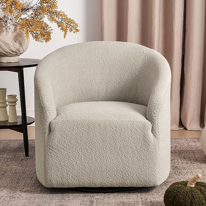 KINWELL 32" Wide Modern Boucle Swivel Barrel Chair, No Assembly Round Upholstered Swivel Accent Armchair for Living Room, Bedroom, Office (Oatmeal)-Ruum Studio Home