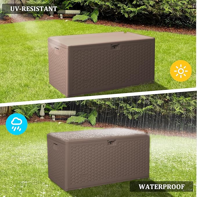 73 Gallon Pro Outdoor Storage Box Waterproof Lockable Resin Deck Box Large, Patio Storage Bin for Pool Accessories Cushion Furniture, Garden Tools, UV-Resistant Outside Delivery Brown-Ruum Studio Home