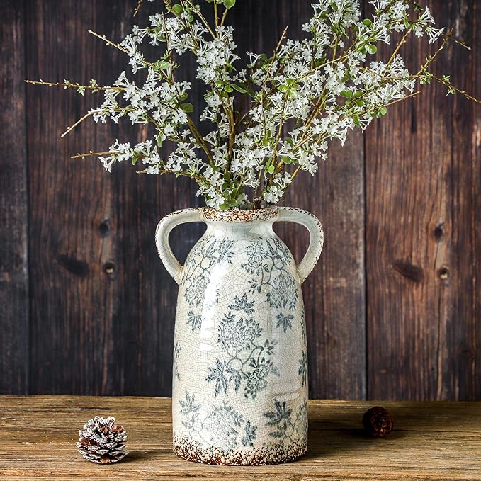 Enra Tall Vintage Blue and White Ceramic Vase with Handle, 11.2 Inch Chinoiserie Decorative Floral Vase, Large Rustic Ceramic Vase for Living Room, Office, Bookshelf, Home Decor-Ruum Studio Home
