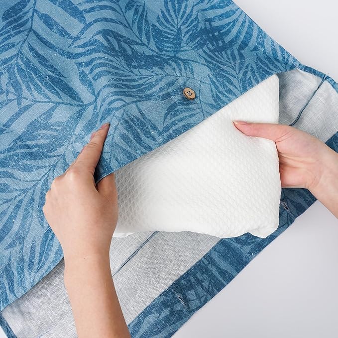 Linen Hanging Laundry Bag, 100% Linen Leaf Print Over The Door Laundry Hamper with Buttons and Zipper, Space Saving Door Hampers for Laundry Dirty Clothes Home Travel, Blue, 19.7x27.5inches-Ruum Studio Home