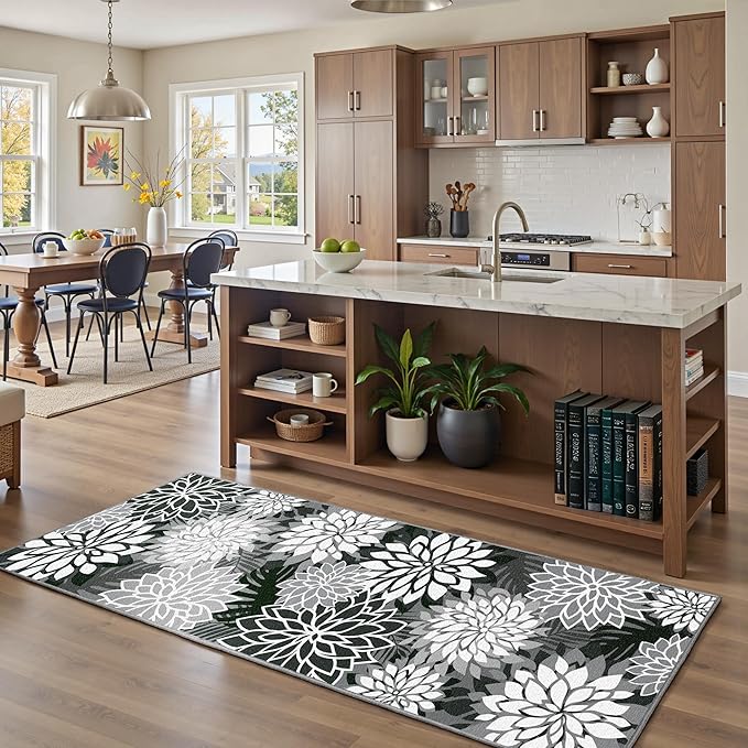 Area Rug 2x6 Black White Washable Entry Rug Multicolored Tropical Botanical Modern Floral Indoor Kitchen Door Mat Entrance Carpet Non Slip for Bedroom Living Room, Porch-Ruum Studio Home